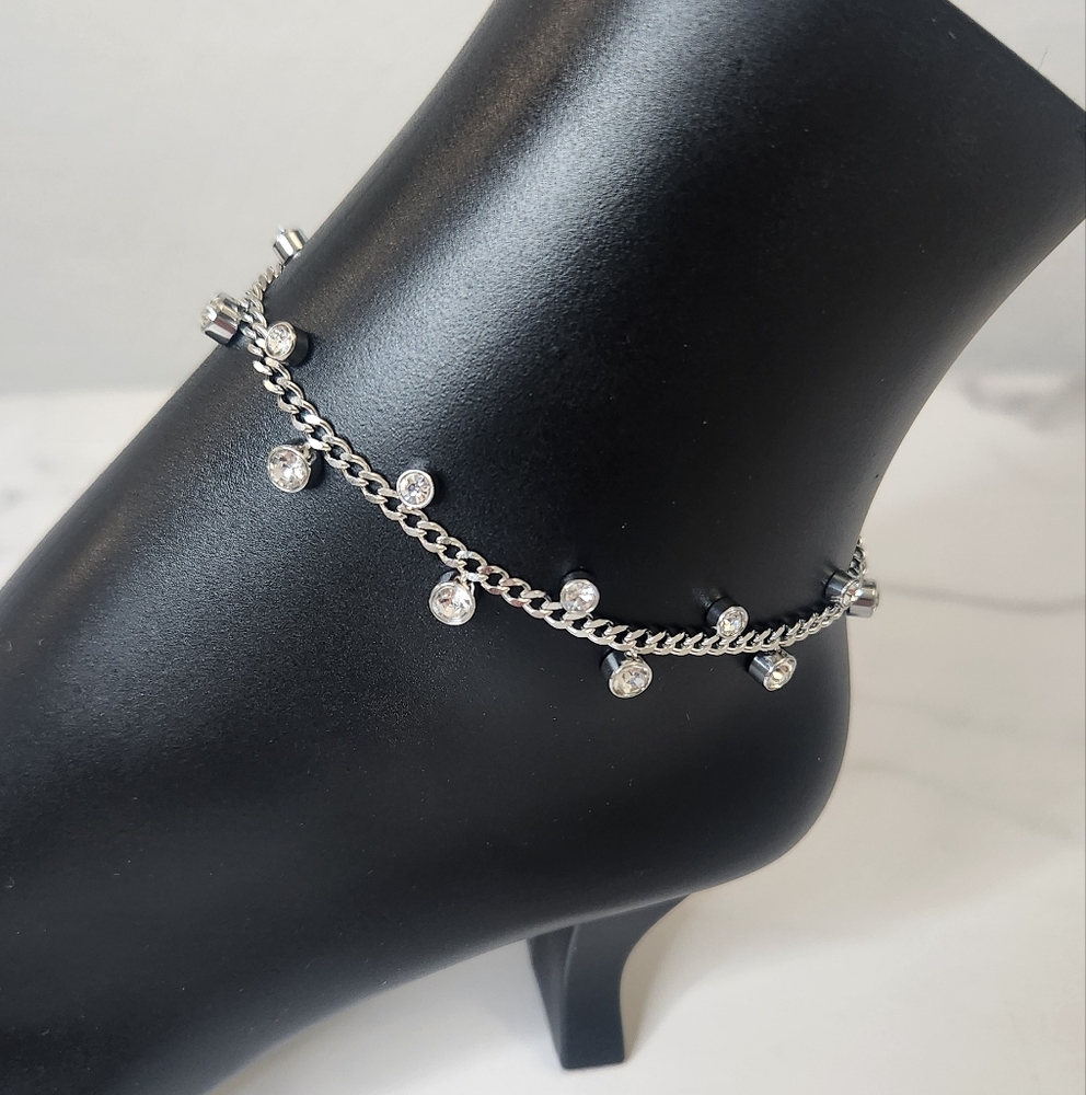 Boho Silver Diamond Dangle Anklet Bracelet - Picture 4 of 10